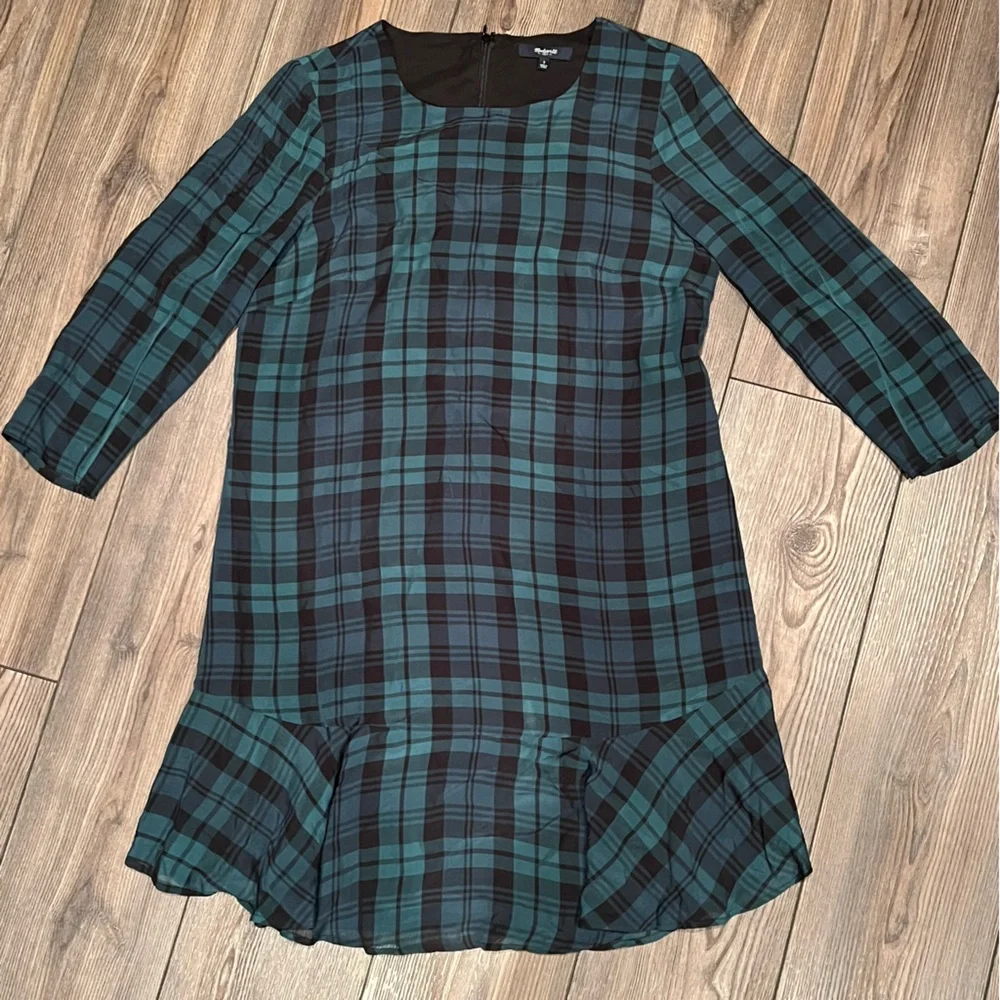 Madewell 100% Silk Plaid Dress - Blue and Green, Ruffle Hem, Size 2